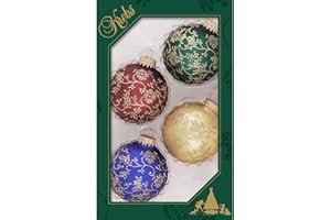 Glass Christmas Tree Ornaments - 67mm/2.63" [4 Pieces] Decorated Balls from Christmas by Krebs Seamless Hanging Holiday Decor (Traditional Colors with Gold Glitterlace)