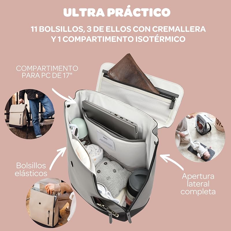 , Saco de troca de bebé, Mochila, Impermeável, 11 bolsos, Borracha reciclada, Respirável, Pegas e costas almofadadas, Bolso isolante, PC17 polegadas, 19L, Saco Oslo, Antracite