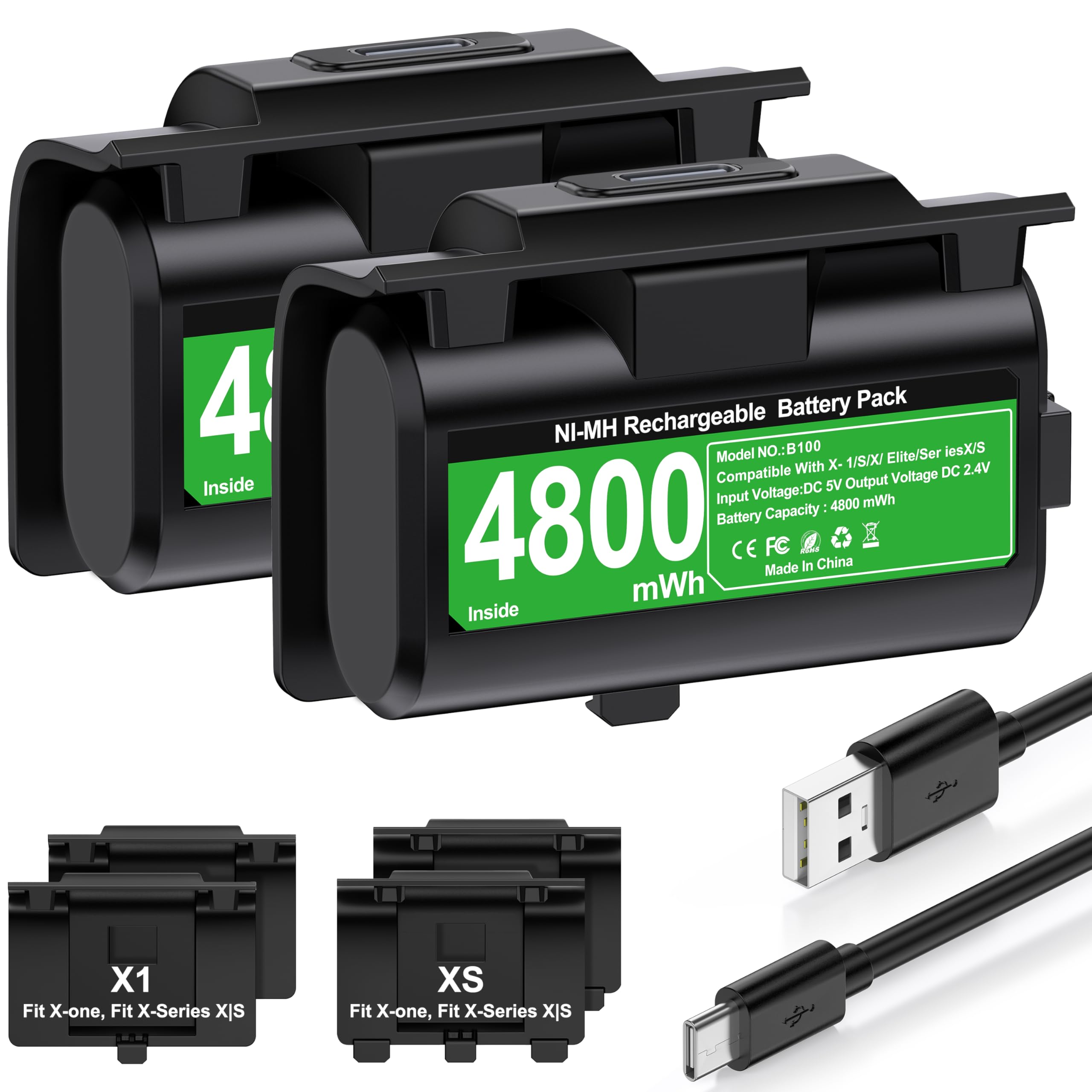 HEYLICOOL Rechargeable Battery Pack for Xbox One/Xbox Series X|S, 2x4800mWh Battery Pack with LED Indicators Play & Charge Kit USB-C Charging Cable