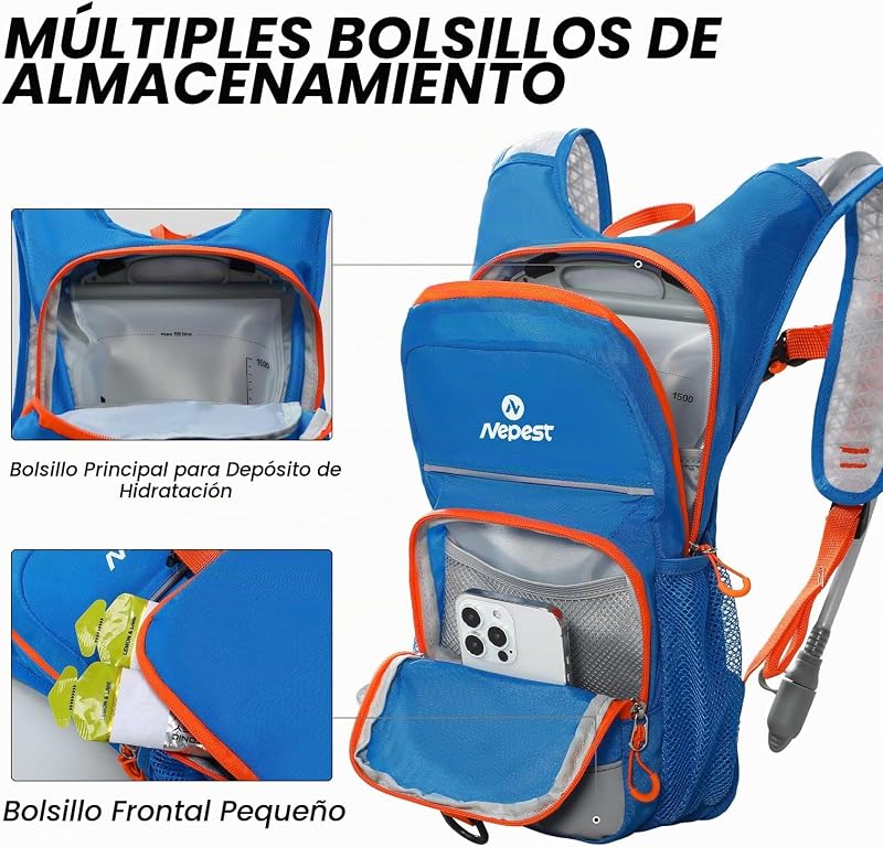 Mochila de hidratación para niños, mini mochila de agua con bolsa de agua de 1.5 L para senderismo, ciclismo, correr, color azul