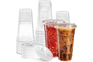24 oz. Clear Cups with Straw less Sip-Lids, PET Crystal Clear Disposable 24 oz Plastic Coffee Cups with Lids [50 Sets]