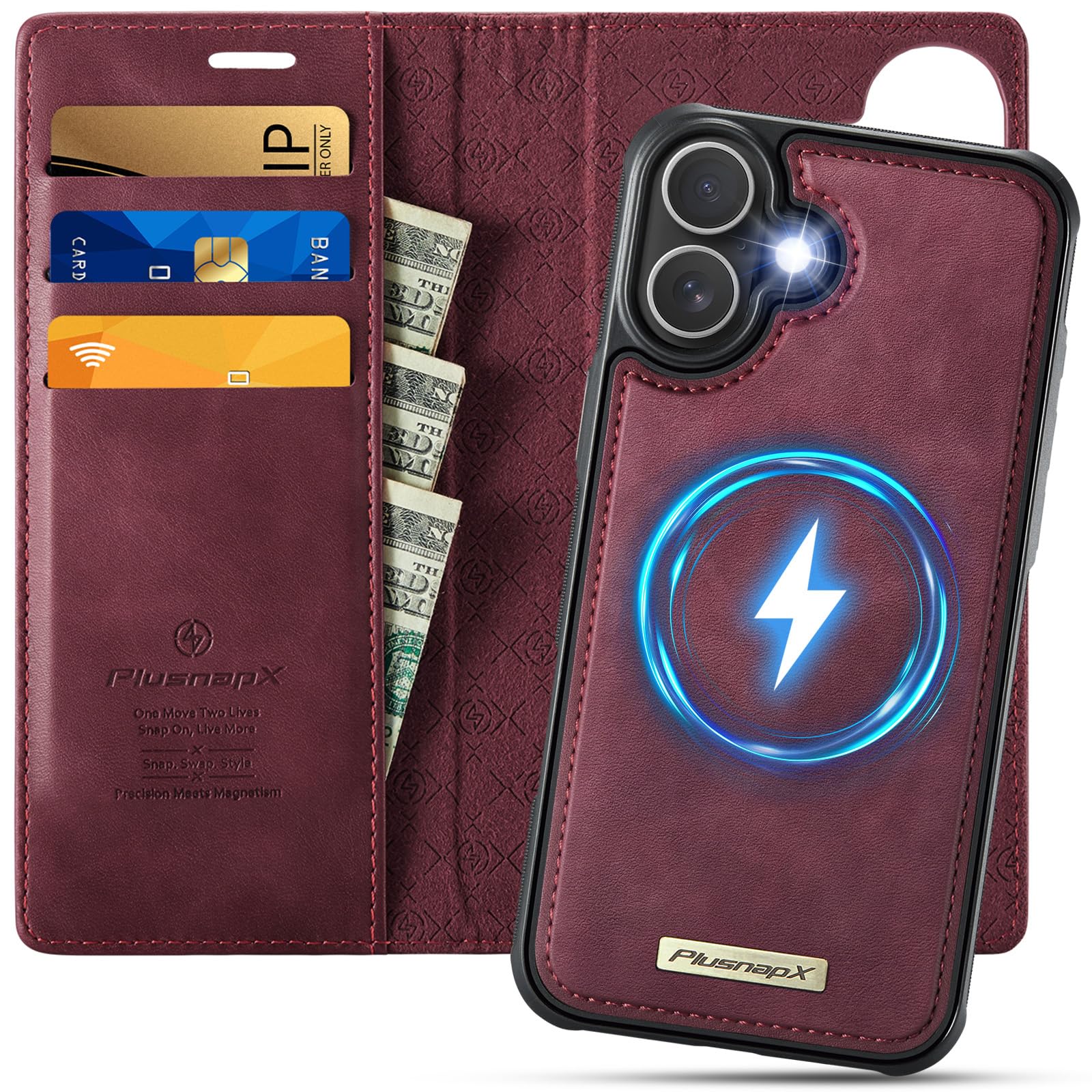 PlusnapX Wallet Case for iPhone 16 Compatible with Magsafe, 2-in-1 PU Leather Flip RFID Blocking Card Holder Stand Shockproof Magnetic Detachable Case for iPhone 16 Case 6.1", Burgundy