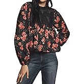 synound Women’s Lace Detail Flared Long Sleeve Blouse Lace Poplin Mesh Crew Neck Shirts Ruffle Swing Elegant Babydoll Tops