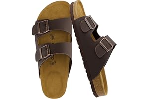 CUSHIONAIRE Lane Cork Footbed Mens Sandals, Adjustable Buckle Comfort Slides for Men, Genuine Leather Insole Summer Sandals Men Footwear