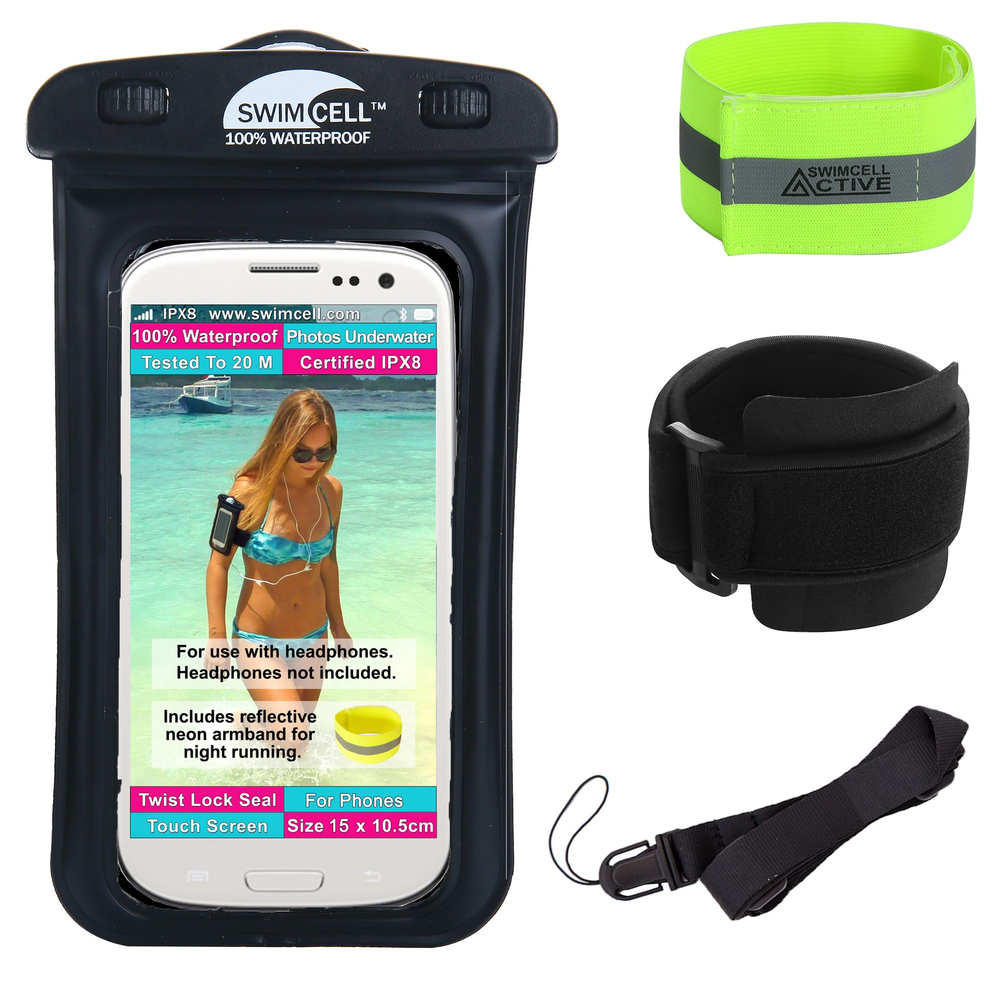 Waterproof Phone Holder Armband Case For Swimming Running Walking WITH HEADPHONE JACK. Fits STANDARD Size phones up to 15cm- iPhone, Samsung Galaxy S. Android. Adjustable Armband and Neck Lanyard.