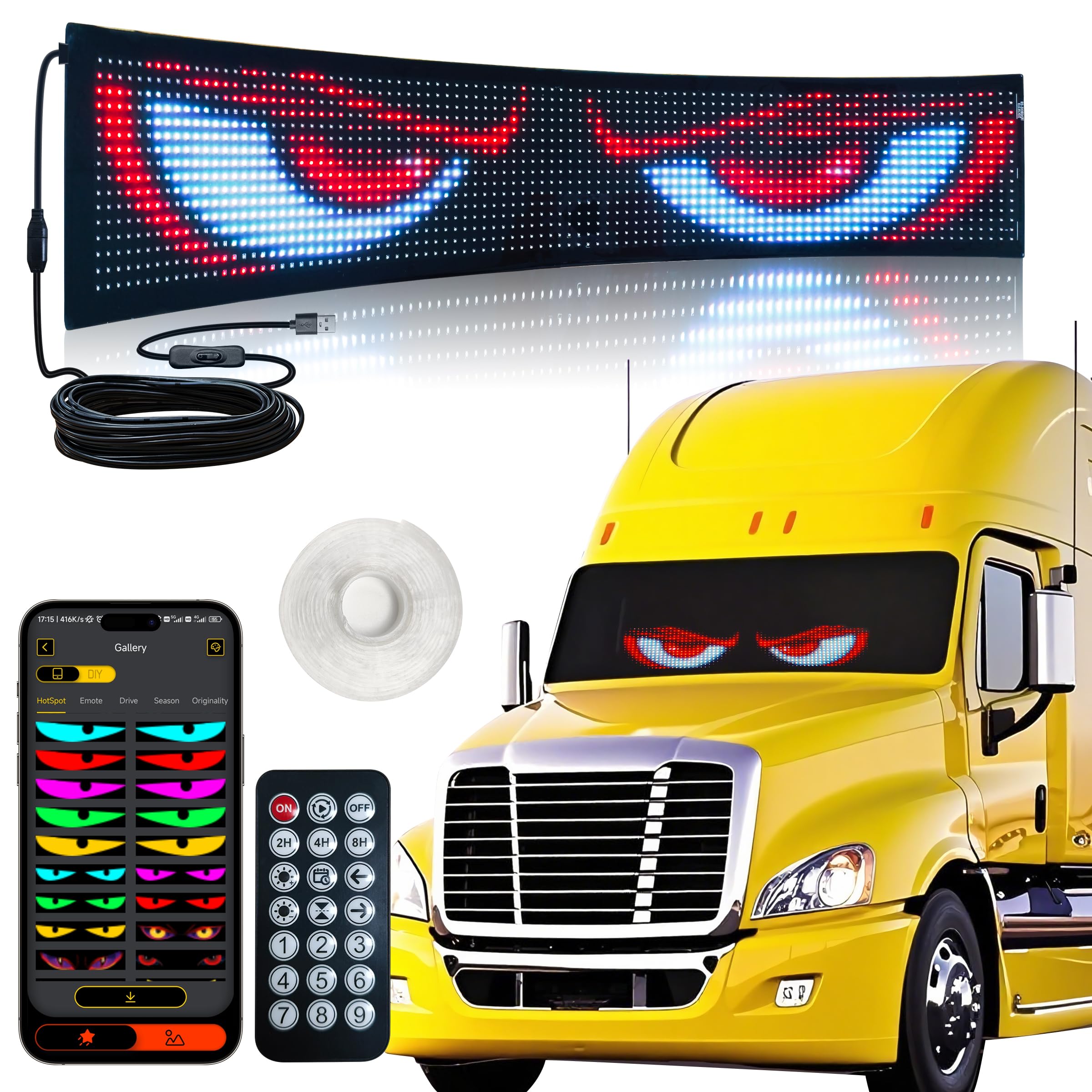 Photo 1 of 35.35in*7.56in Big LED Eyes for Truck Windshield,Programmable RGB Full Color Devil Eyes Light for Cars,Windshield Eyes Flex LED Display Custom Text DIY Pattern,(Suitable for Car,Trucks, Pickups)
