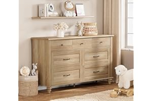 WAMPAT Wide Kids Dresser with 7 Drawers for Bedroom, Farmhouse Baby Dresser for Nursery & Kids Room, Wooden Chests & Dressers Closet Organizer for Children's Bedroom, 54 Inch, Oak