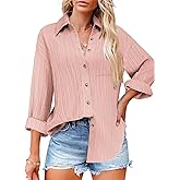 HOTOUCH Womens Button Down Shirts Long Sleeve Dress Shirt Textured Collared Work Blouse Dressy Casual Tops with Pocket