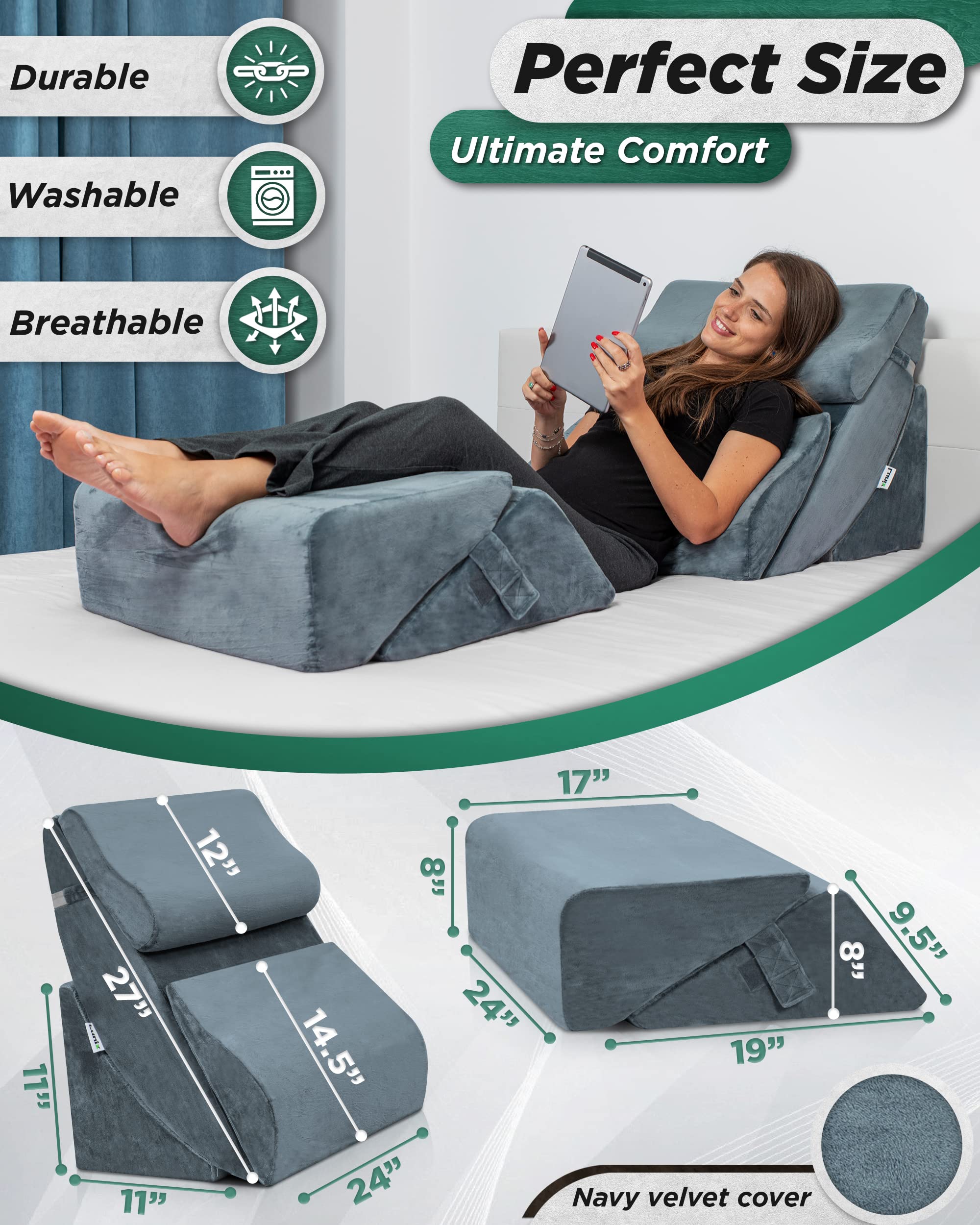 Lunix 6pcs Orthopedic Bed Wedge Pillow Set, Post Surgery Memory Foam for Back, Neck, and Leg Pain Relief, Adjustable Sitting Pillow for Sleeping, Acid Reflux and GERD, Hot Cold Pack, Navy