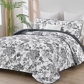 WONGS BEDDING Botanical Quilt Set King Size, Black 3 Pieces Toile Floral Plants Printed Bedspread Bedding Set Soft Lightweight Microfiber Coverlet Set for All Season (104"x90")