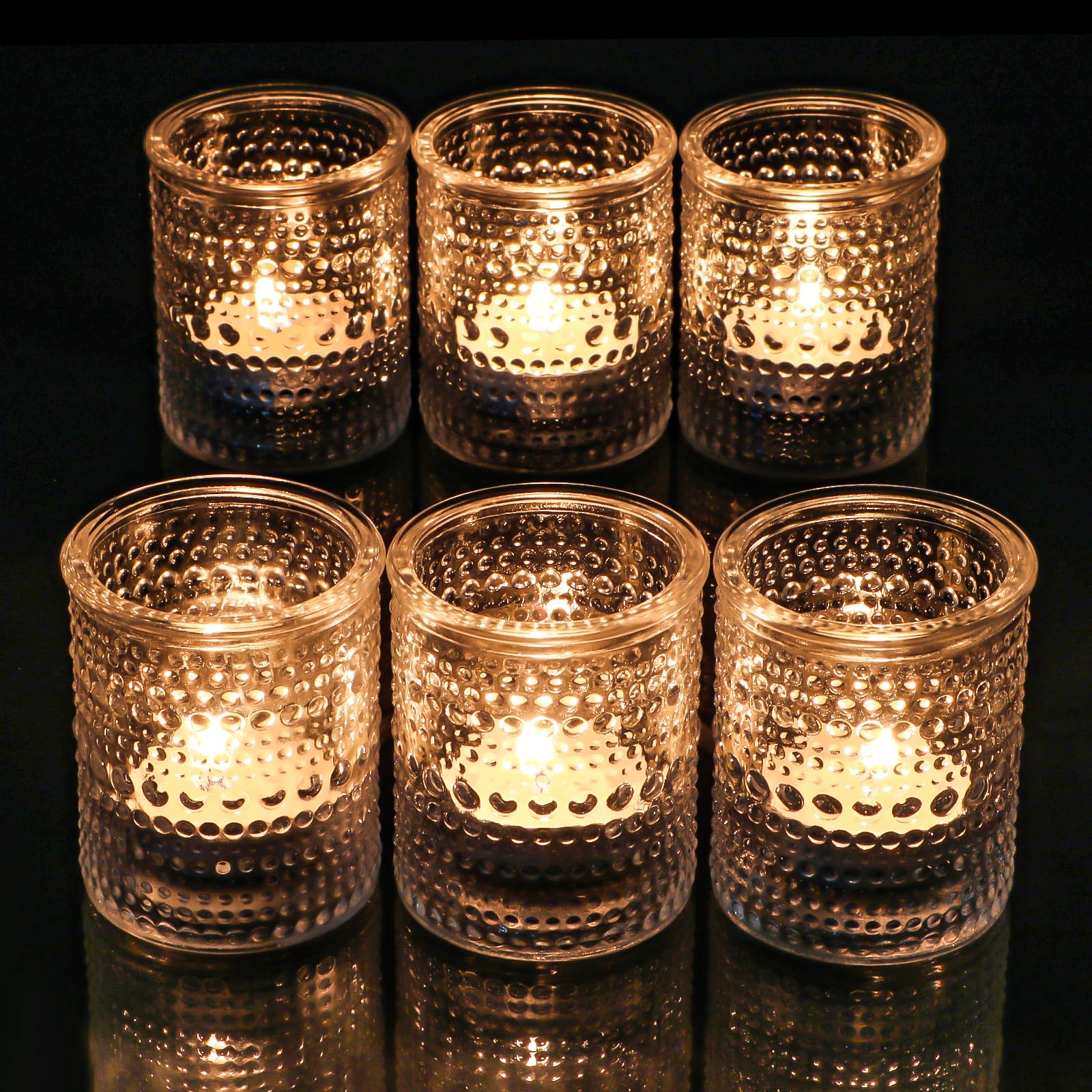 Photo 1 of HOXHA 6 Pack Glass Votive Candle Holders Clear Tealight Candle Holders in Bulk Vintage Table Centerpieces for Floating Candles Home Table Decor Wedding Receptions (6)