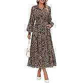 ZESICA Women's Spring Floral Long Sleeve Maxi Dresses 2026 Casual Button Belted Chiffon Boho Wedding Guest Party Dress