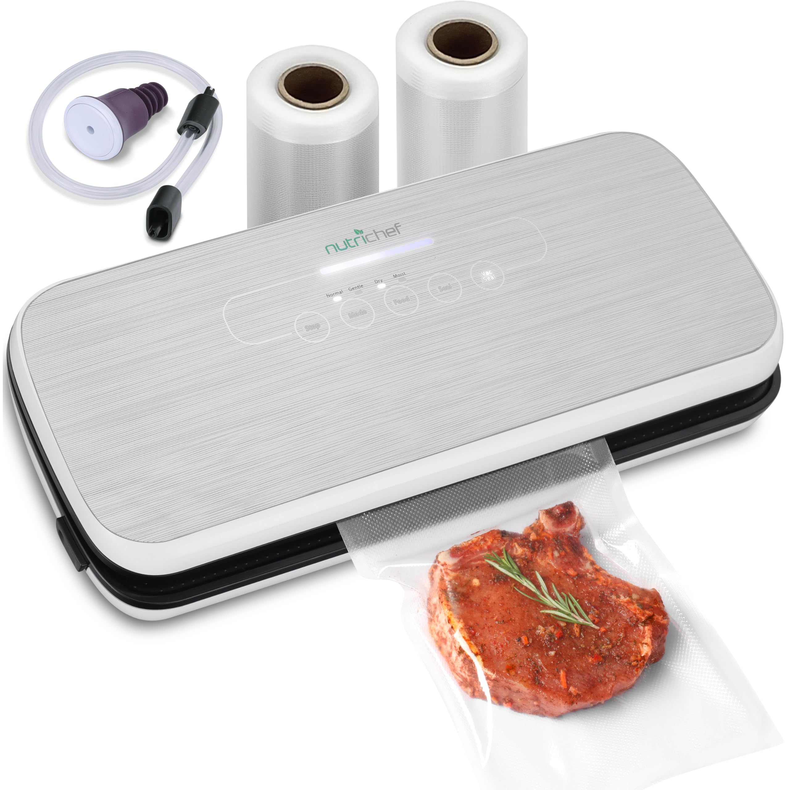 Photo 1 of NutriChef Vacuum Sealer For Food - Automatic Air Sealing Machine for Dry & Moist Foods, LED Touch Controls, Includes Vacuum Bags, Hose & Wine Stopper, High Suction Power