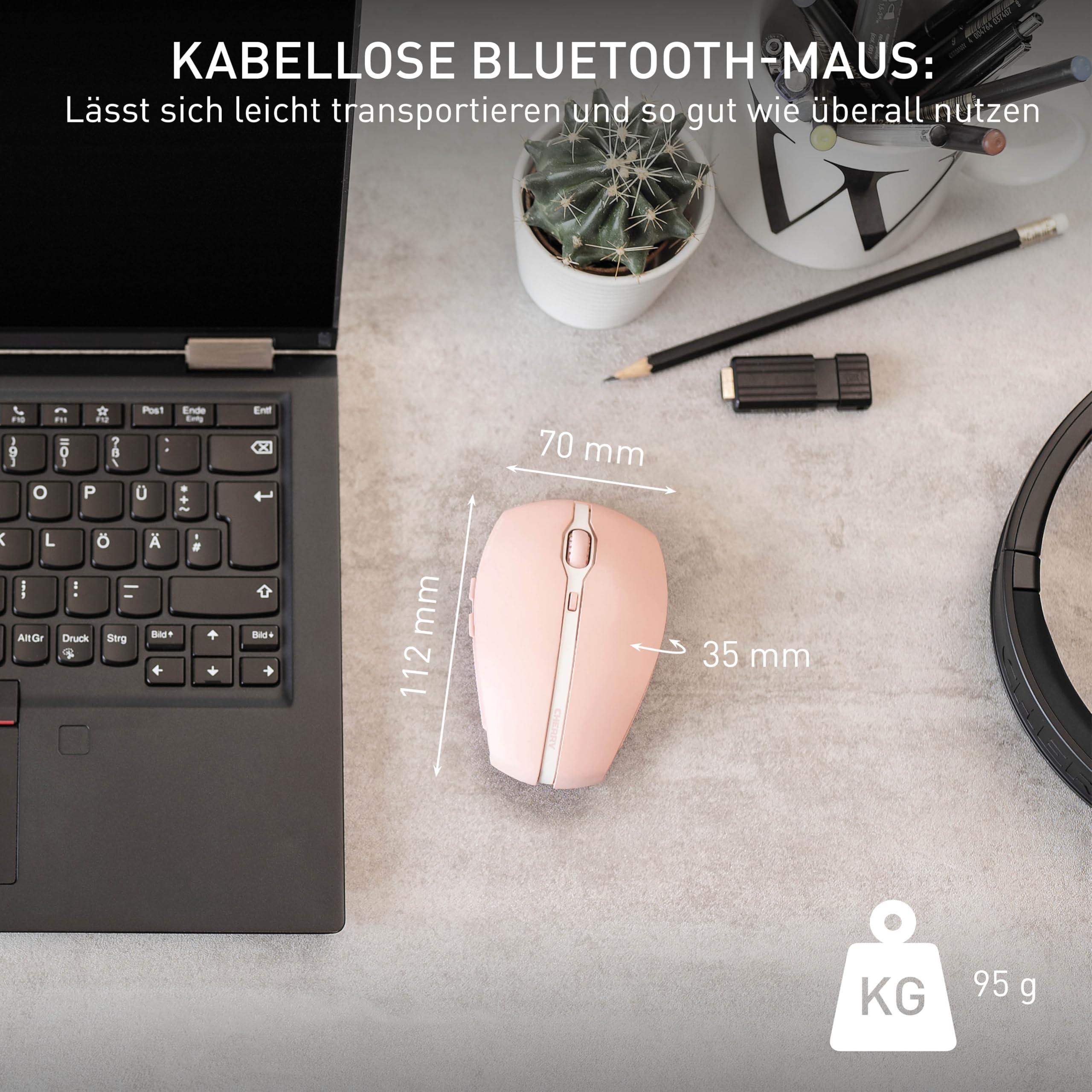 CHERRY GENTIX BT, kabellose Bluetooth Maus, Multi-Device Funktion für bis zu 3 Endgeräte, umschaltbare Auflösung (1000/2000 DPI), 7 Tasten und Scrollrad, batteriebetrieben, Cherry Blossom 3
