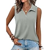 XIEERDUO Womens Summer Tops V Neck Collared Shirts Dressy Casual Ribbed Tank Top with Zipper Loose Fit