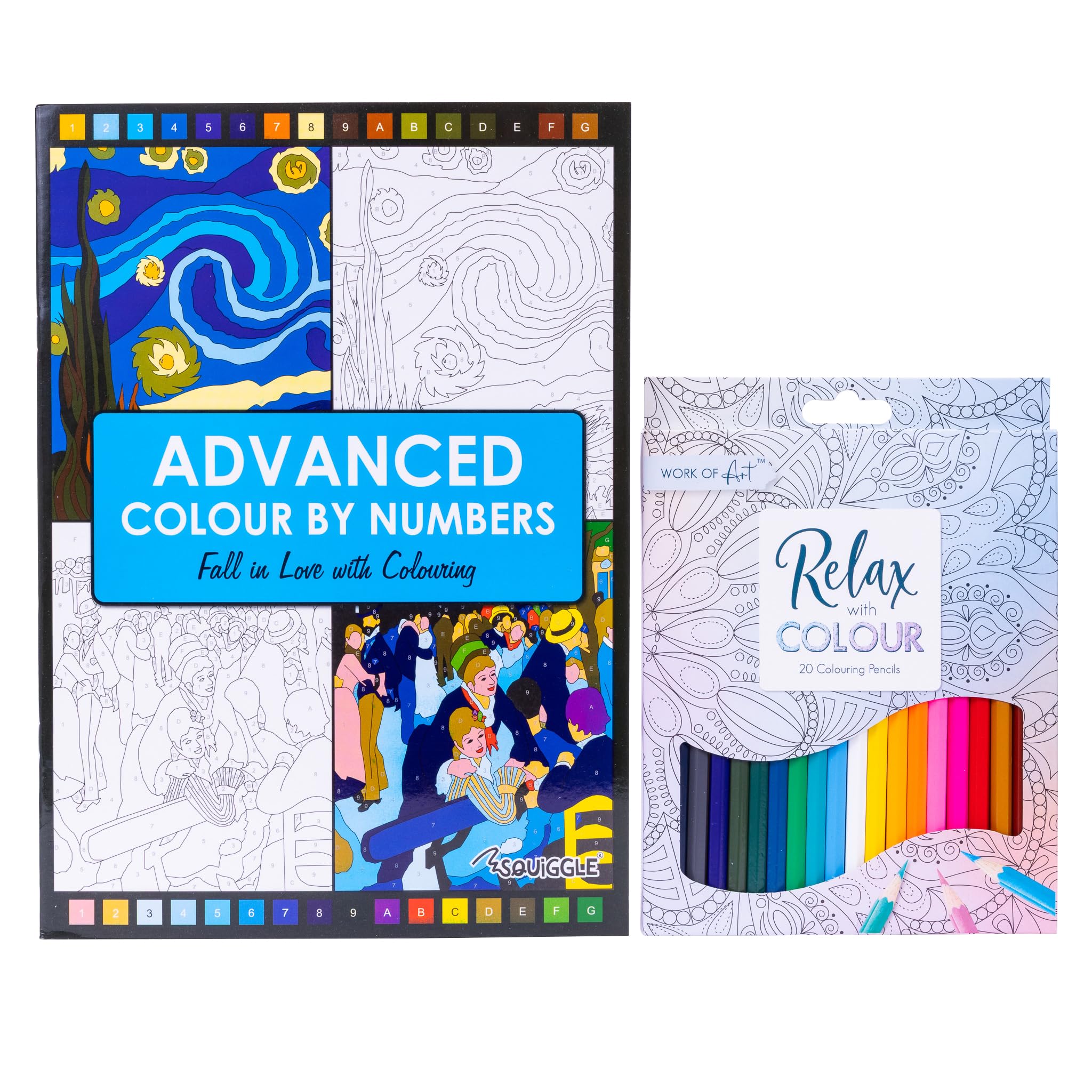 evelay Advanced Adult Colouring Book with 20 Colouring Pencils A4 Colour by Numbers Masterpieces Art Set Gift
