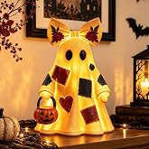 14 in Lighted Patchwork Ghost Figurine Halloween Decor with Remote Timer | Handcrafted, hand-painted resin, vintage patchwork, floral bow and pumpkin pail, 8 lighting modes, tabletop and mantel accent