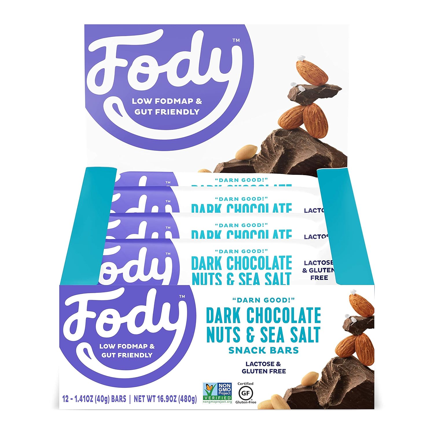 Fody Foods Vegan Protein Nut Bars | 6g Protein Snack Bar | Low FODMAP Certified | Gut Friendly IBS Friendly Snacks | Gluten Free Lactose Free Non GMO | Dark Chocolate Nuts and Sea Salt, 12 Count