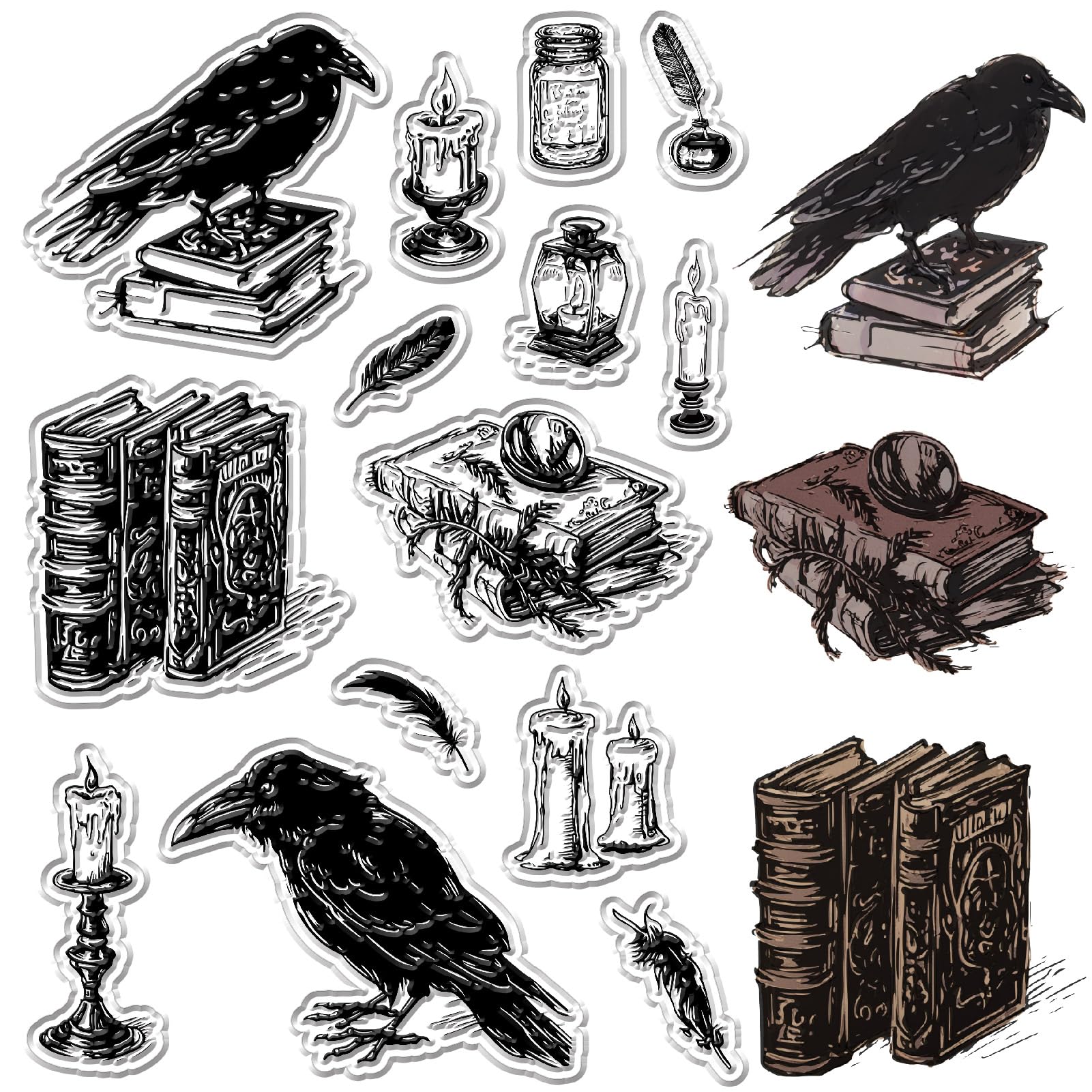 CRASPIRE Crow Clear Stamps for Card Making Halloween Raven Books Feather Transparent Silicone Sealing Stamp Vintage Retro Reusable Decorative Seals Journal Album Decoration DIY Scrapbooking Crafting