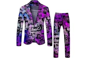 Men's Valentine's Day Suit Set 2 Piece Slim Fit One Button Love Heart Graphic Festive Wedding Prom Party Blazer and Pants