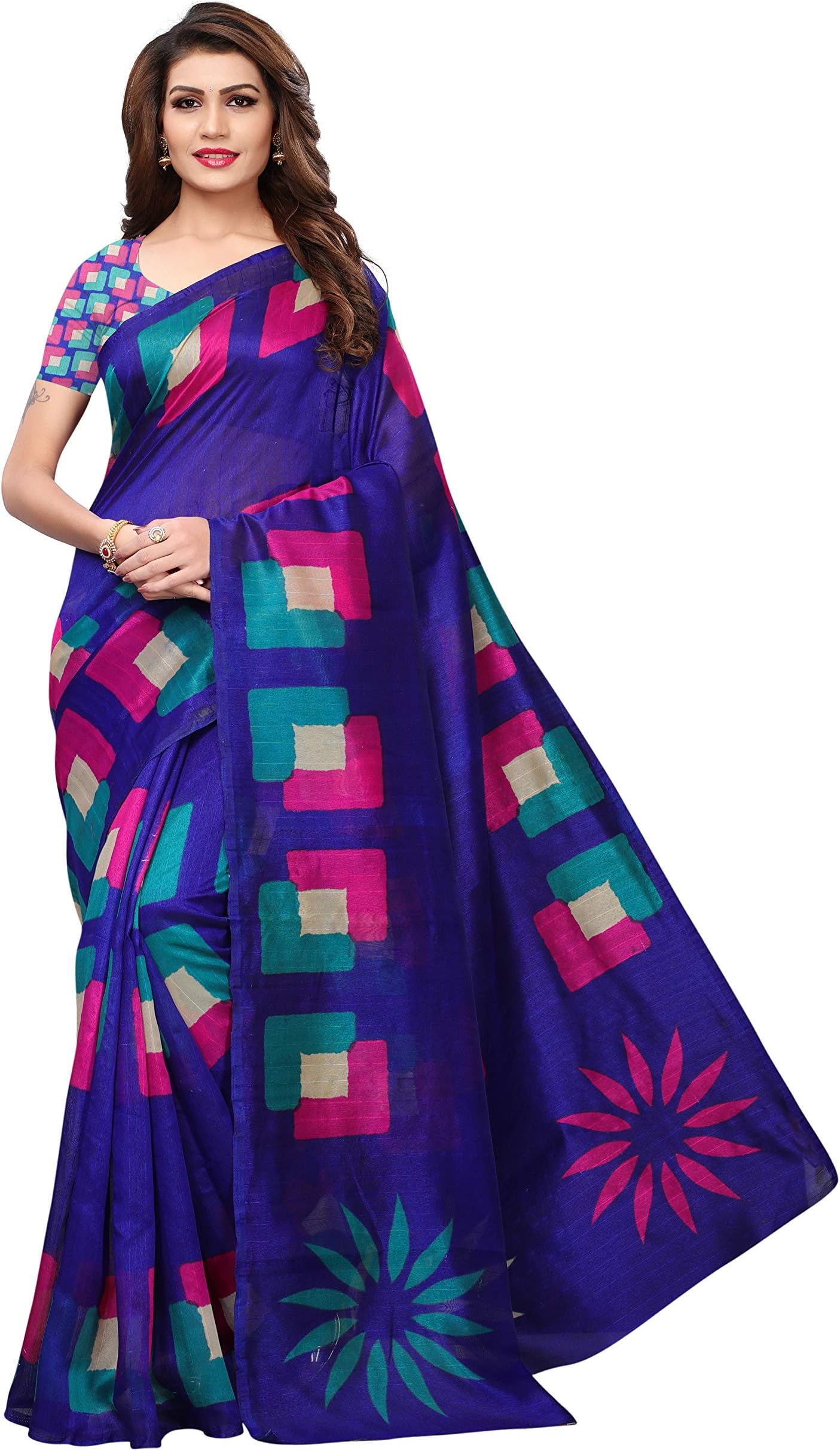 Art Silk with Blouse Piece Saree (S182014_Blue_Free Size)