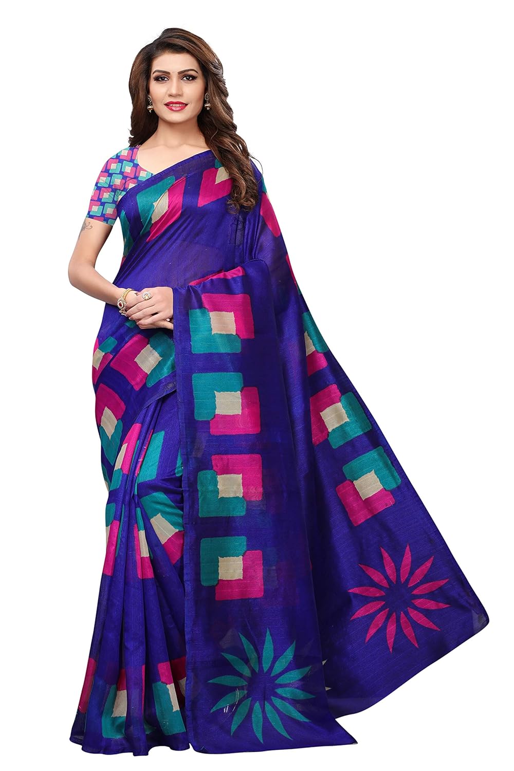 fabwomen women's cotton silk floral print printed saree with blouse piece. (s182014_blue_free size)