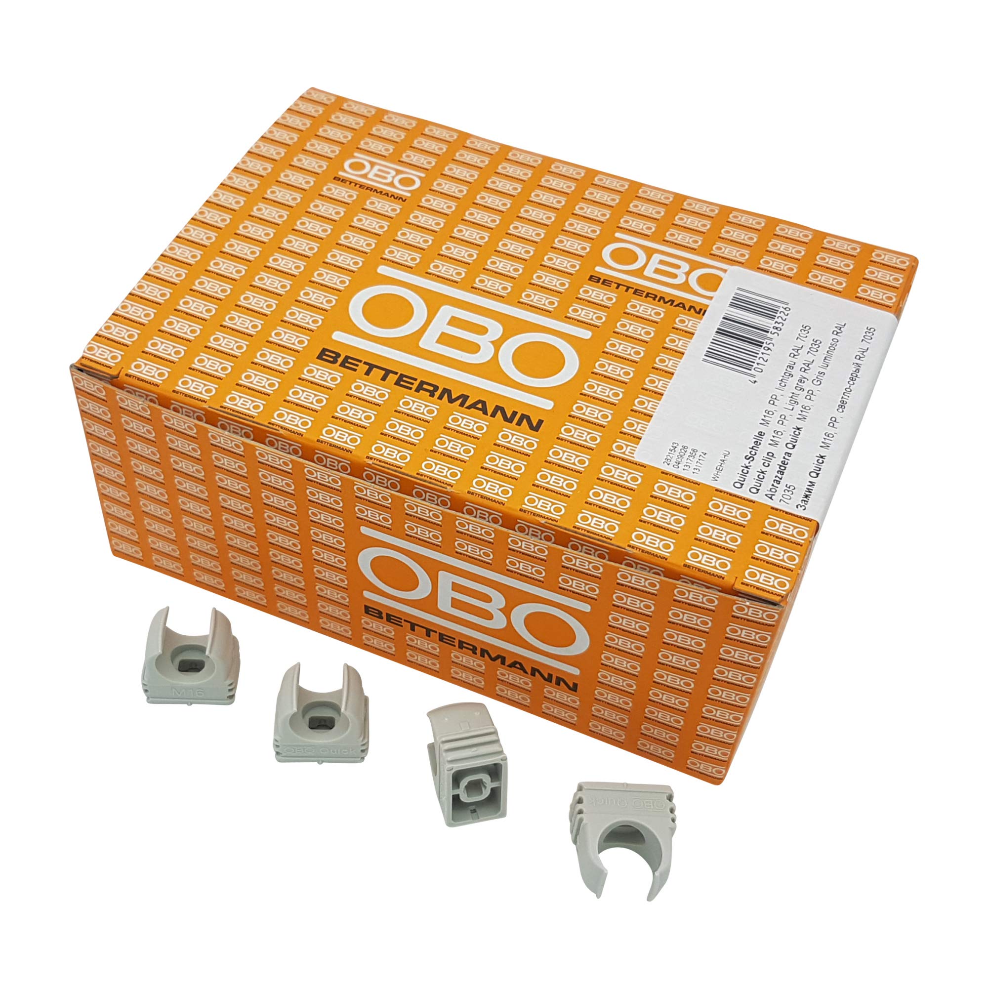 200x OBO Bettermann M16 Quick Clamps | Clamp | Pipe Clamp | Stackable | Light Grey | 16 mm | Pack of 200