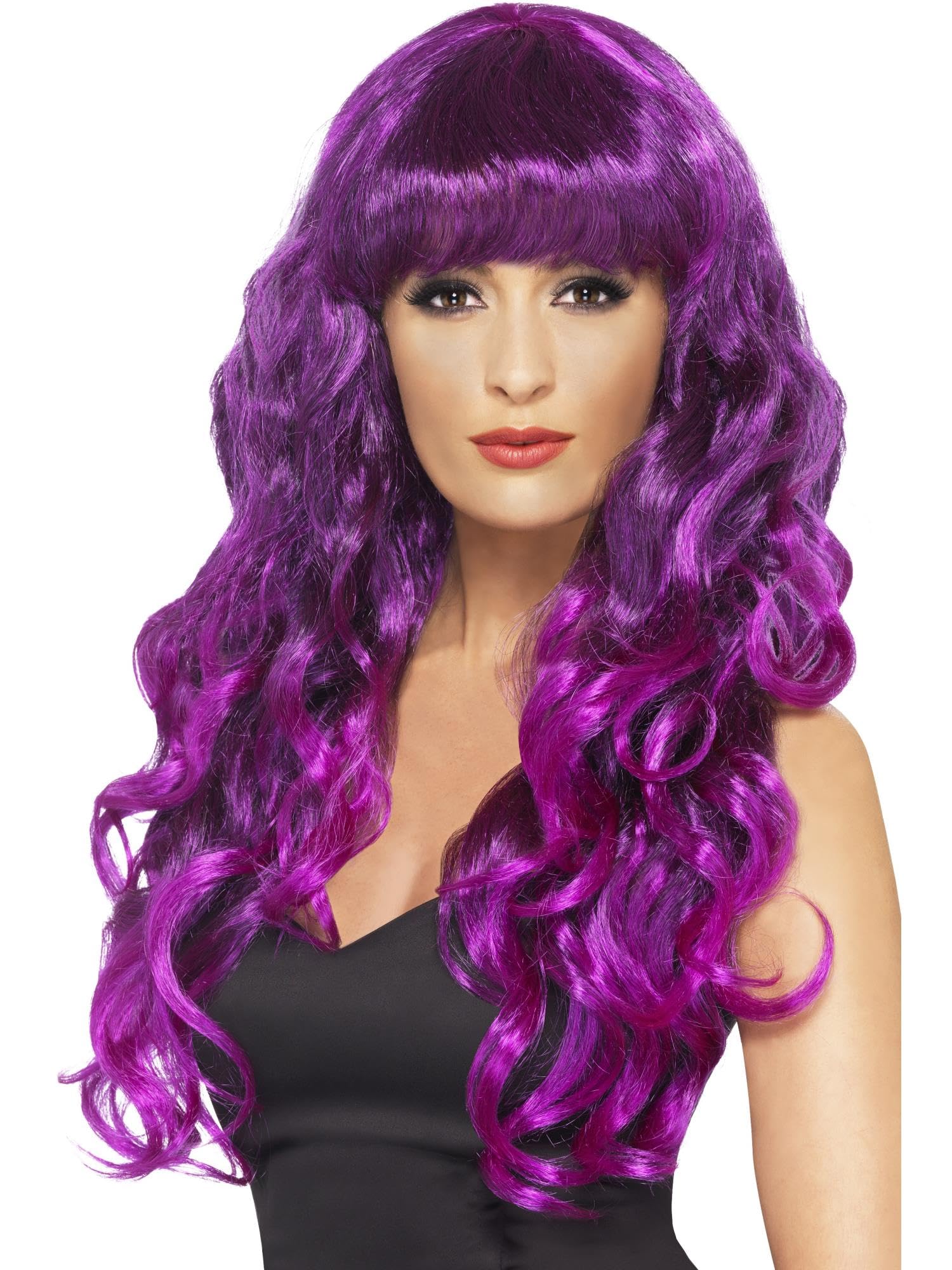 Smiffys Siren Wig, Purple Long, Curly & with Fringe, Ladies Glamour Wigs Fancy Dress, Adult Dress Up Wigs