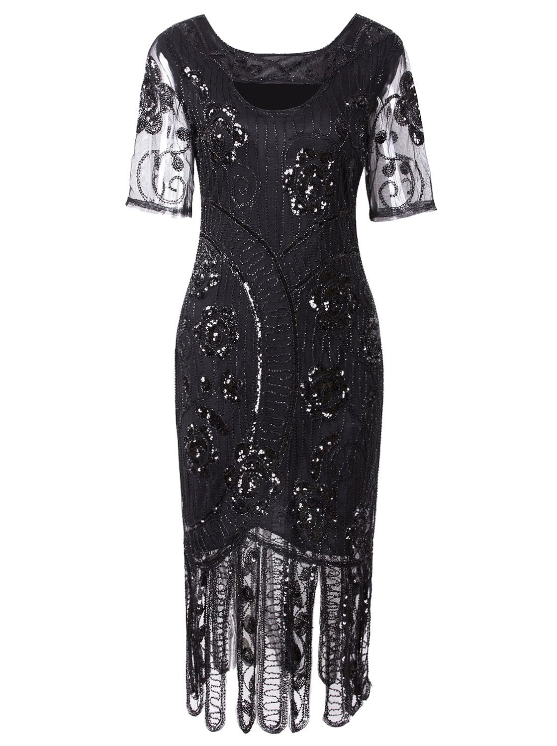 Vijiv Women Vintage 1920s Dresses Floary Beaded Cocktail Flapper Dress with Sleeves Gatsby Party