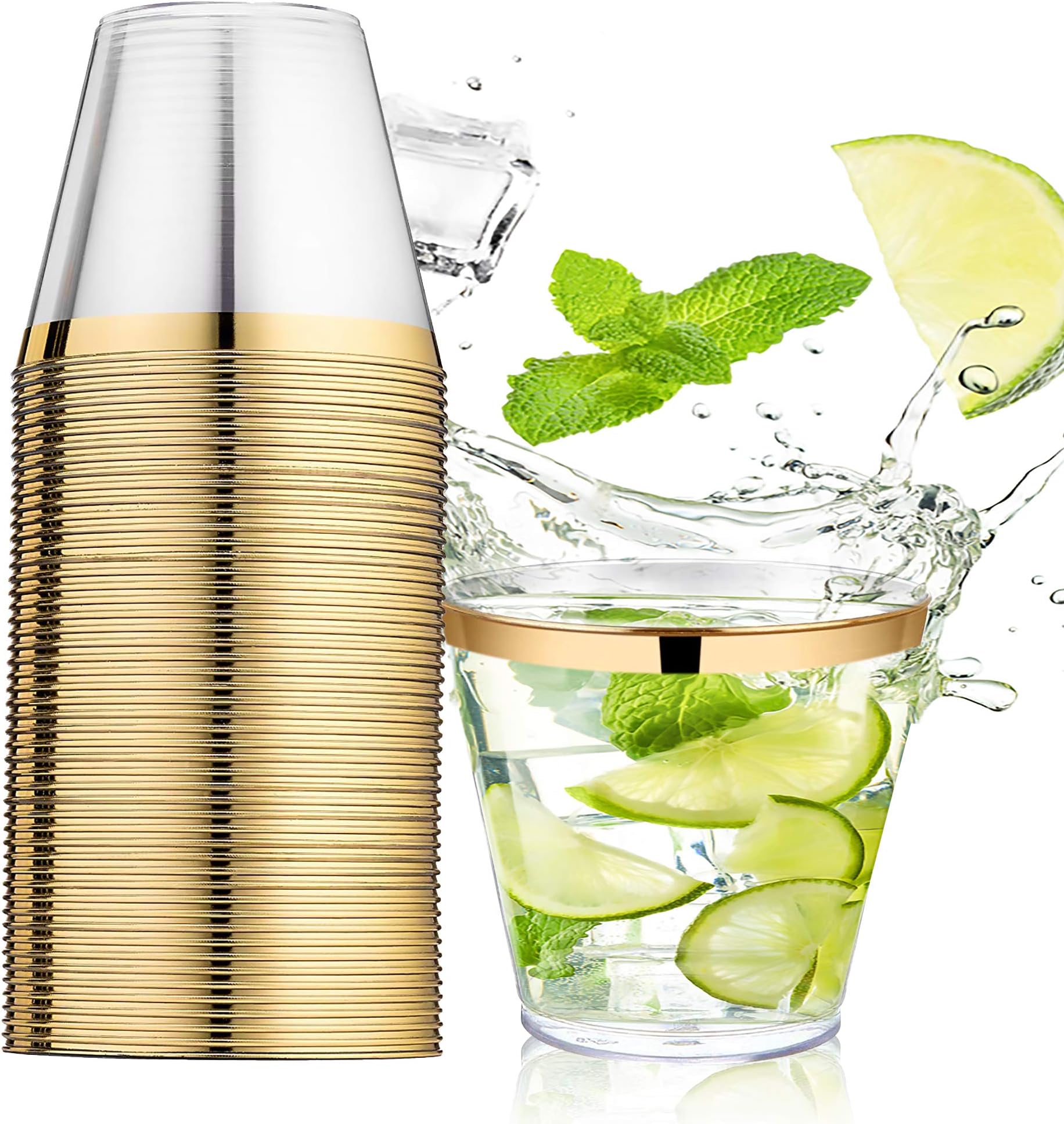 JK Deluxe Gold Rim Fancy Disposable Cups | 9 oz Plastic Wine Glasses for Parties, Fiestas, Weddings, New Year, Birthday, Engagement & Bridal Shower | Shatterproof & Transparent Elegant Cups | 100 Pcs