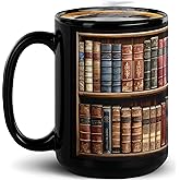 ZISaKS Book Mugs For Book Lovers: 15oz Capacaty, Made of Glossy Black Ceramic Perfect Reader Gifts, Bookshelf Design (Black, 15 oz B)