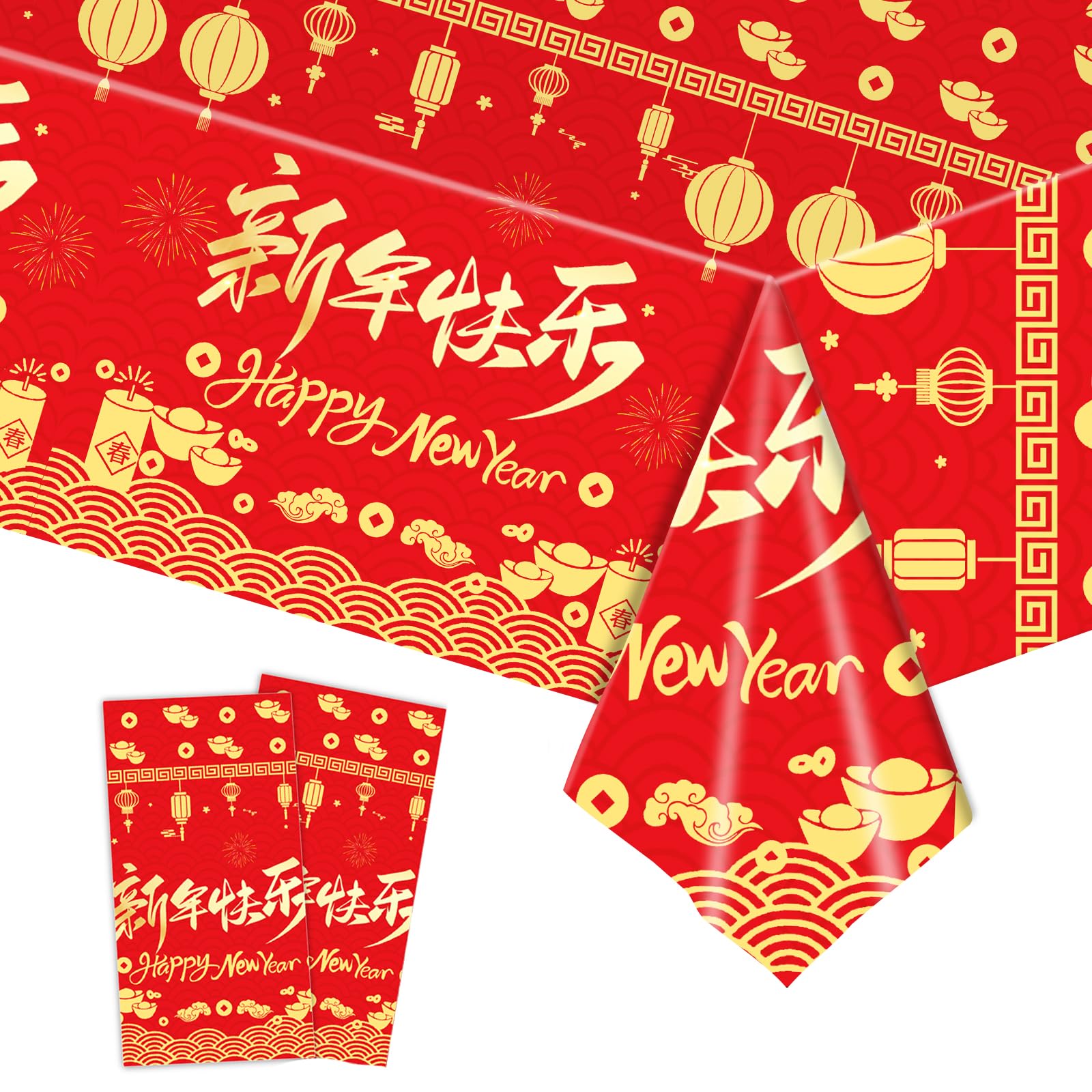 2pcs Chinese New Year Tablecloth Party Plastic Spring Festival Tablecloths,137 * 274cm Happy New Year Party Dinner Tablecover Red Blessing Table Cloth Party for New Year 2025 Chinese Party Decorations