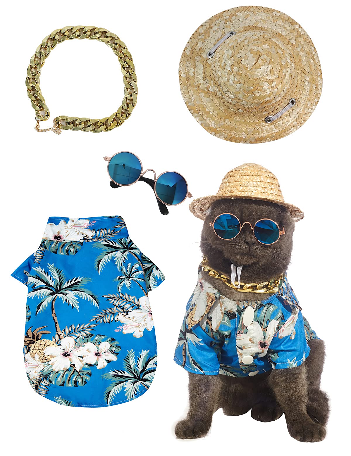 Impoosy 4PCS Dog Costume Pet Summer Hawaiin Shirt Puppy Sunglasses and Funny Cat Straw Hat with Small Dog Gold Chain Collar (Medium,Blue)
