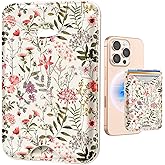Shorogyt Compatible with Magsafe Wallet Magnetic Card Holder - Phone Wallets Cute Flora Leaves Design for Women Teen Girls Slim for iPhone 17/16/15/14/13/12 Series for Apple RFID Magnet, Fit 3 Cards