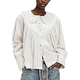Ymejia Womens Peter Pan Collar Shirt Cotton Button Down Blouses Lace Trim Loose Fit Casual Work Beach Long Sleeve Shirts