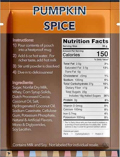 DOUBLE DONUT PUMPKIN SPICE HOT CHOCOLATE MIX PACKETS, FLAVORED PUMPKIN SPICE HOT COCOA MIX, 18 COUNT