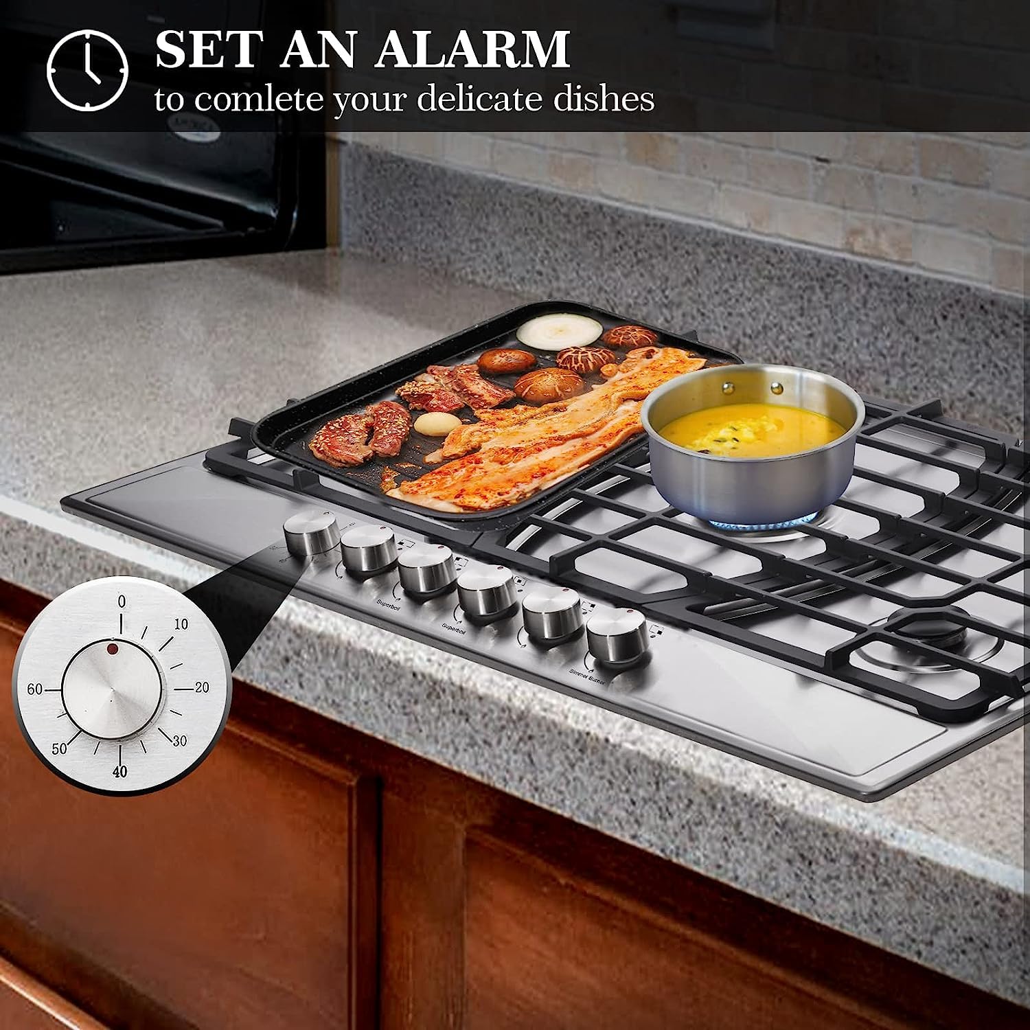 Trifecte 30 Inch Stainless Steel Gas Cooktop with Timer Dual Fuel 5 Italy SABAF Sealed Burners Gas Stove Top NG/LPG Convertible Gas Hob with Thermocouple Protection(Griddle&Gas Regulator Not Included)