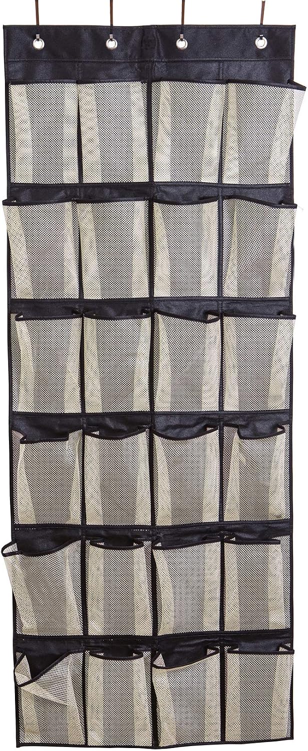 MISSLO Hanging Shoe Rack Over Door Shoe Storage Organiser Holder 24 Large Mesh Pockets with Hanger(Black)