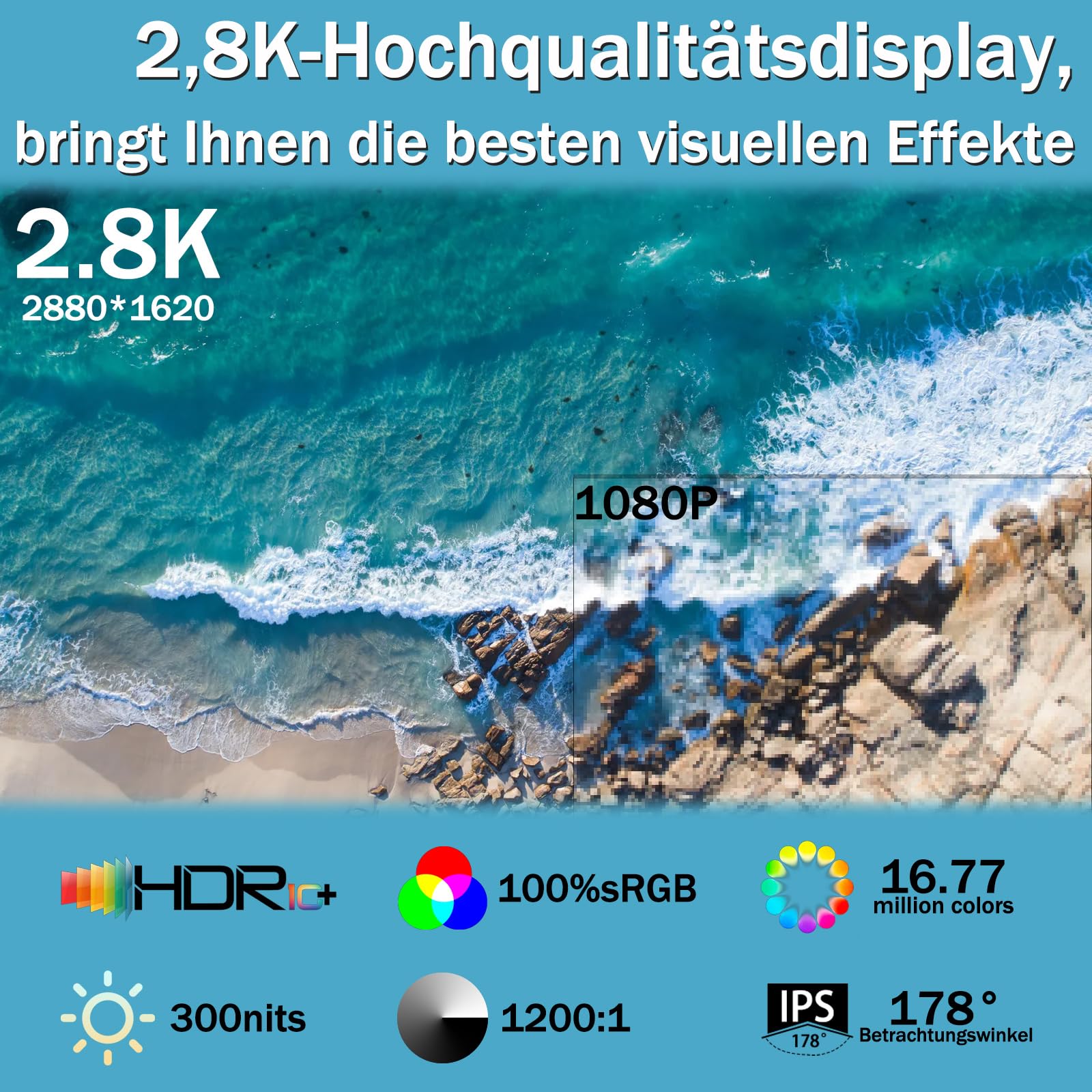 Kyyivwine 15,6 Zoll 2,5K Touchscreen Monitor,FHD 2880x1620 IPS 100Hz 16:9,10-Punkt-Touch Portable Monitor with 100%sRGB,Ultradünn Erweiterter Tragbarer Monitor für Laptops/PCs/Smartphone/Macs/Xbox/PS5 7