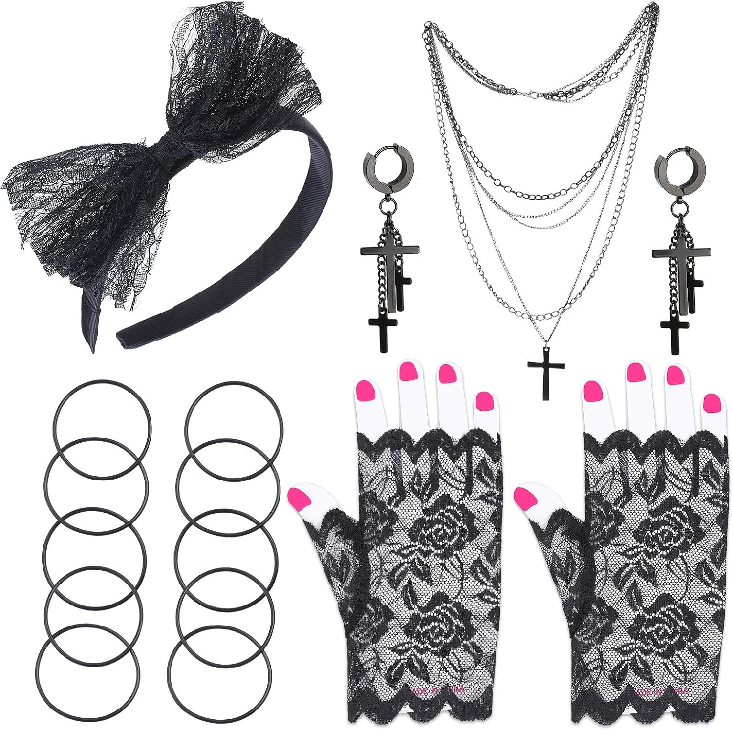 Beelittle 80s Costume Accessories Fishnet/Lace Gloves Headband Earrings Necklace Bracelet for 80s Party Halloween Madonna Outfit Accessories for Women (Black 3): Clothing