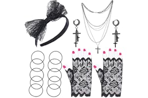 Beelittle 80s Costume Accessories Women Madonna Outfit with 1980s Fishnet Lace Gloves Bow Headband Earrings Necklace Bracelet