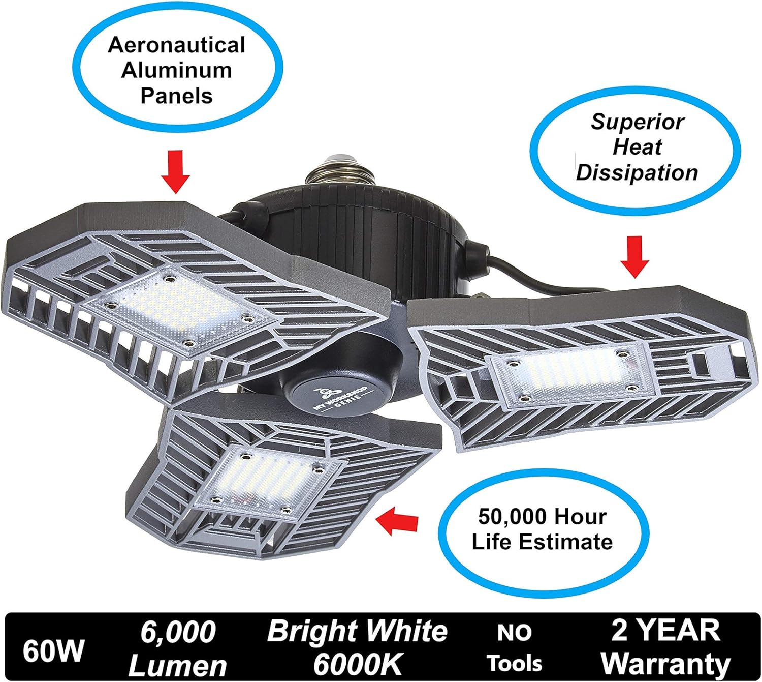 LED Garage Light -Premium 6000 Lumen Ultra Bright LED Lights - Triple Glow LED Light -Deformable LED Garage Lights - 400W Equiv-60W Work Light Fits E26/27 Base Garage Ceiling Light -My Workshop Genie - - 
