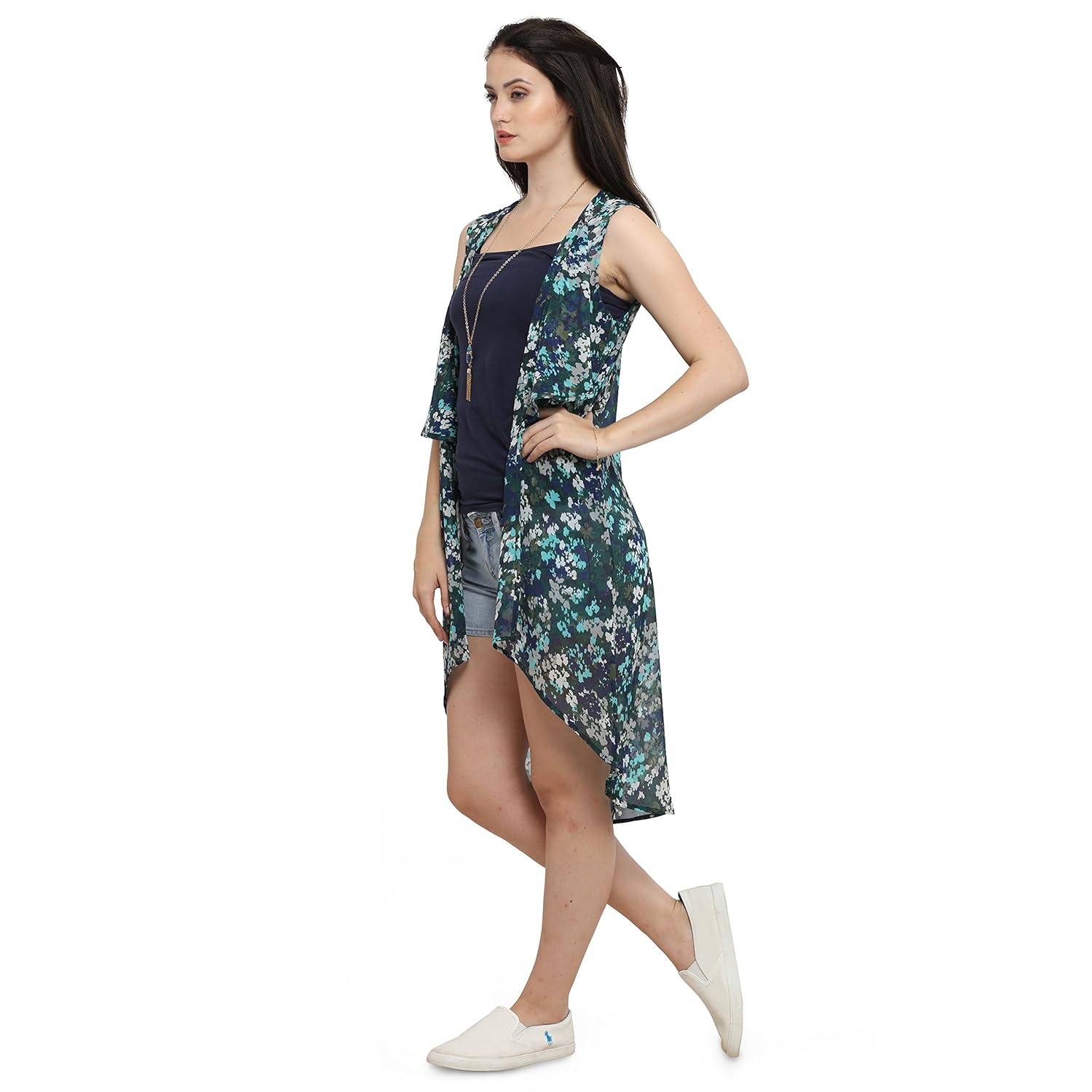 serein women's sky blue floral chiffon long shrug/jacket