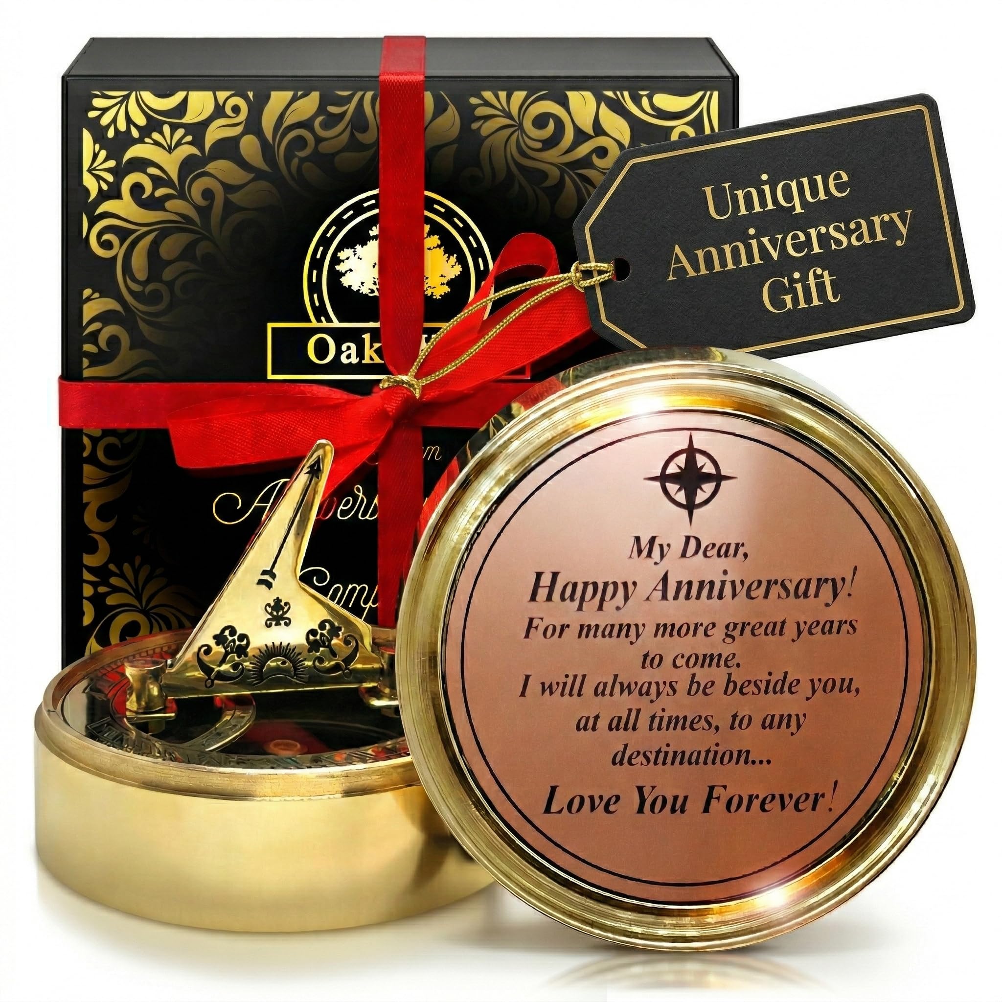 OakiWay Anniversary Sundial Compass Gift for Him or Her - Unique Gift Ideas for Husband or Wife, Wedding Anniversary Present for 50th 40th 25th 20th Year Celebration, Gift Card Included