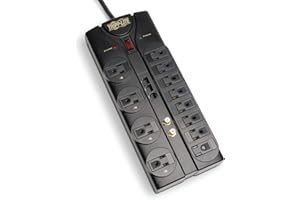 Tripp Lite 12 Outlet Surge Protector Power Strip, 8ft Cord, Right-Angle Plug, Tel/Modem/Coax/Ethernet Protection, RJ11, RJ45, & $250,000 INSURANCE (TLP1208SAT) Black