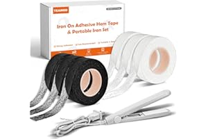 TEAWOO 6 Rolls （162 Yards ） Hemming Tape with Portable Iron, 3/4 Inch x 27 Yards Each, 3 White & 3 Black, Iron-On Hem Tape for Pants, Curtains, Dresses & Crafts