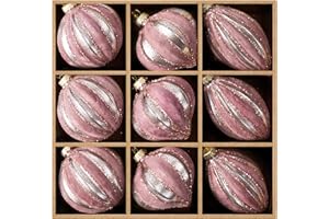 DN DECONATION Pink Glass Christmas Ornaments, Flocked Velvet Hanging Ball Ornament with Assorted Sizes & Designs, Matte Ornaments for Vintage Xmas Tree Home Party Decor (9PCS)