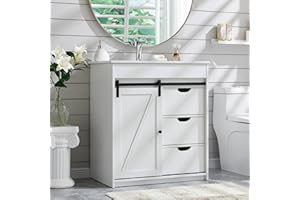 Aitjunz 30" Farmhouse Bathroom Vanity with Sink, Freestanding Bathroom Storage Vanity Cabinet w/Sliding Barn Door, 3 Drawers & Adjustable Shelves, Metal Handle, White