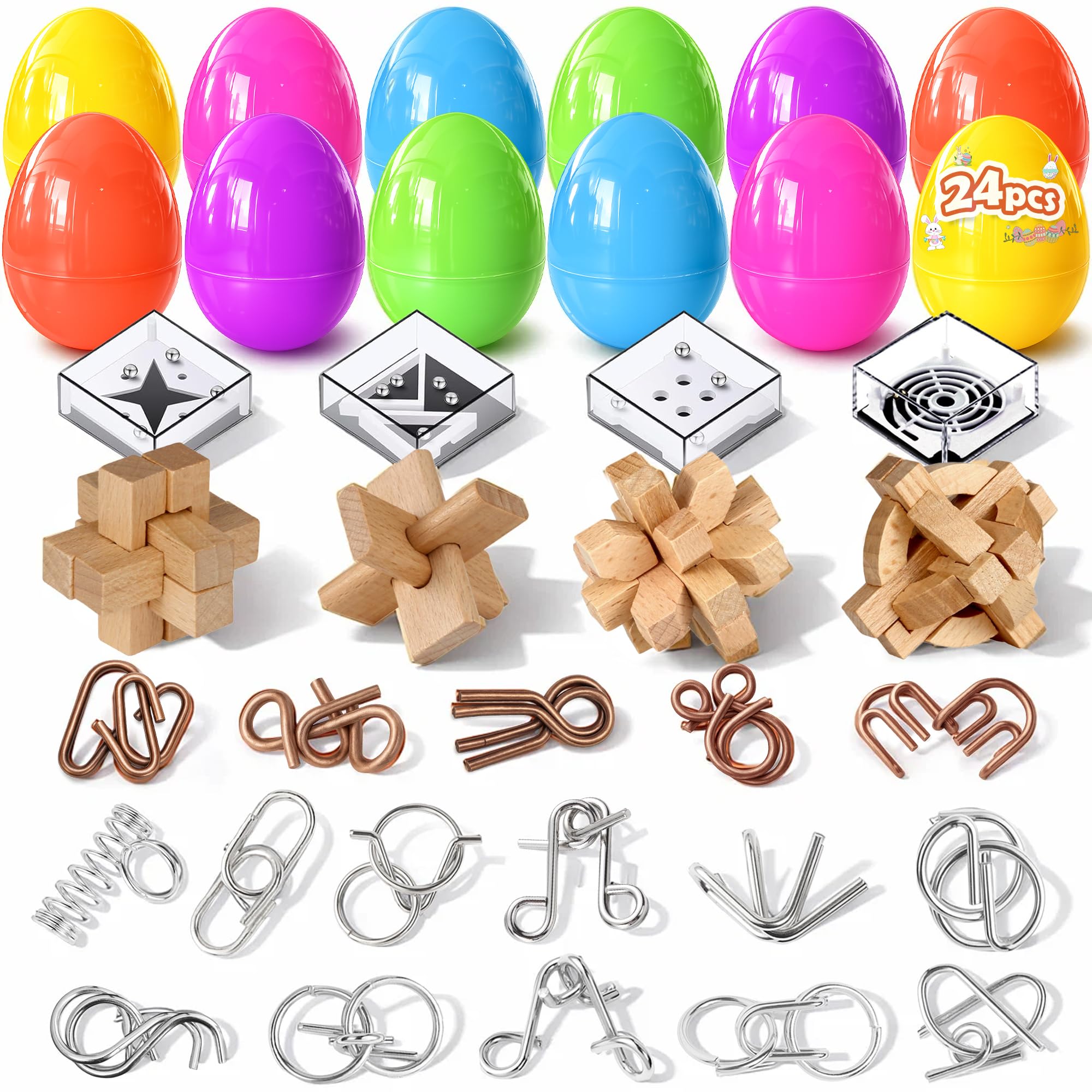 Rubypop 24 Pack Easter Basket Stuffers for Teens with Brain Teaser Puzzles Toy, DIY Wooden & Metal Logic Easter Eggs Hunt Games, Class Prizes Party Favor Gifts for Kids