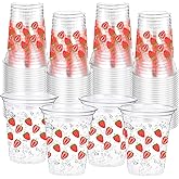 Jingmore 100 Pcs Strawberry Disposable Cups 16 oz Clear Plastic Drinking Cups Bulk for Spring Summer Holiday Birthday Wedding Juice Hot Cold Drinks Party Supplies(Strawberry)